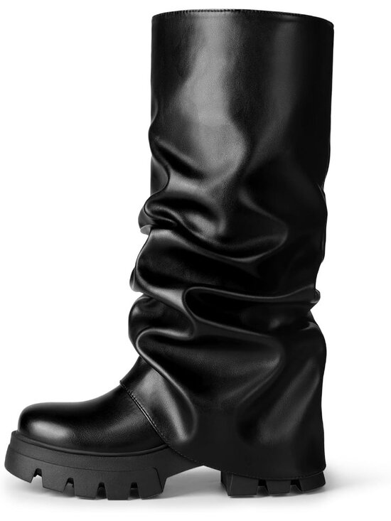 Shoes - Women's Black Faux Leather Fold Over Slouch Knee High Fashion Trendy Y2K Boots